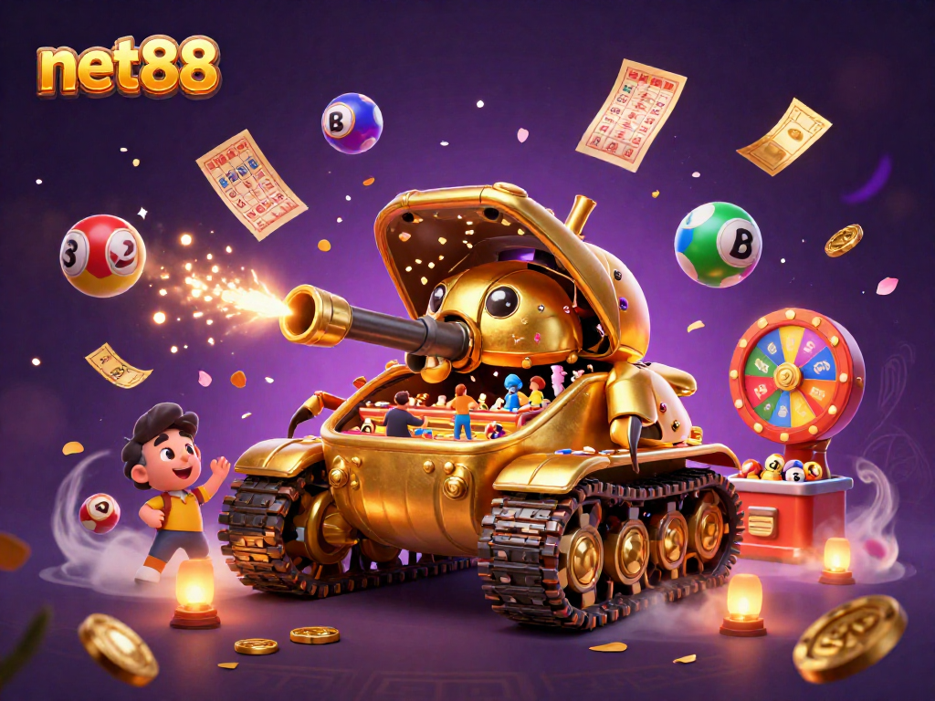 Experience winnings with the colorful net88 casino scene featuring dynamic lottery elements and gold treasures.