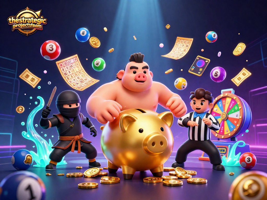 Engaging 3D illustration showcasing the thestrategicprojectsteam with colorful lottery elements and energetic characters.