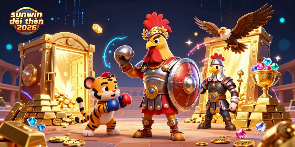 Experience the excitement of sunwin đổi thưởng 2026 with a dynamic casino-themed illustration featuring gladiators and treasures.