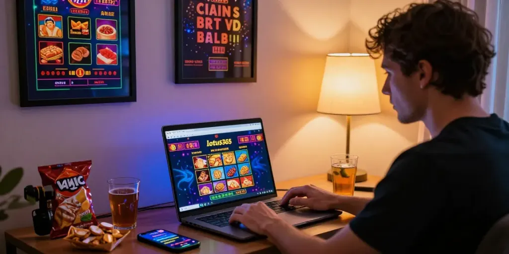 Engaging in lotus365 online gaming in a cozy home environment.