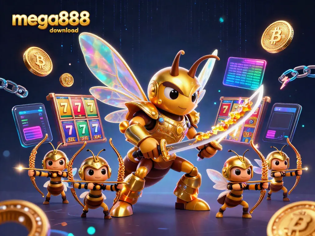 Engage with mega888 download featuring a vibrant 3D illustration of a golden hornet and bee archers in a casino setting.