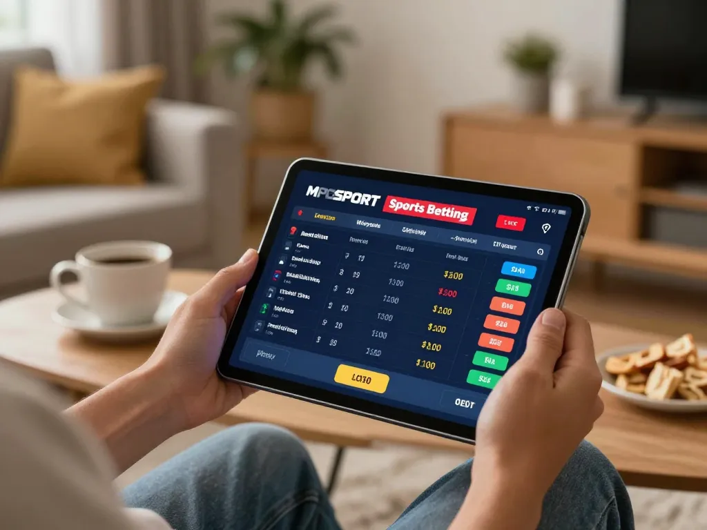 Engaging in sports betting on MPOSPORT from home with live odds displayed.