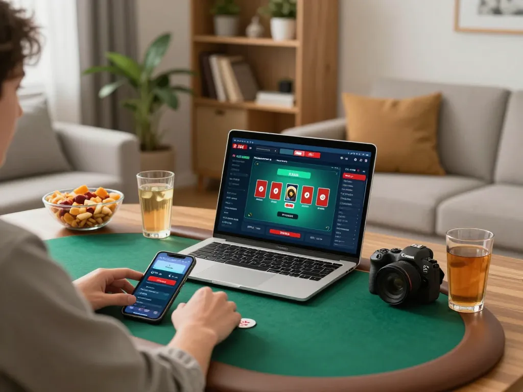 Navigating NK88 com poker game on a laptop while enjoying a cozy home atmosphere with snacks.
