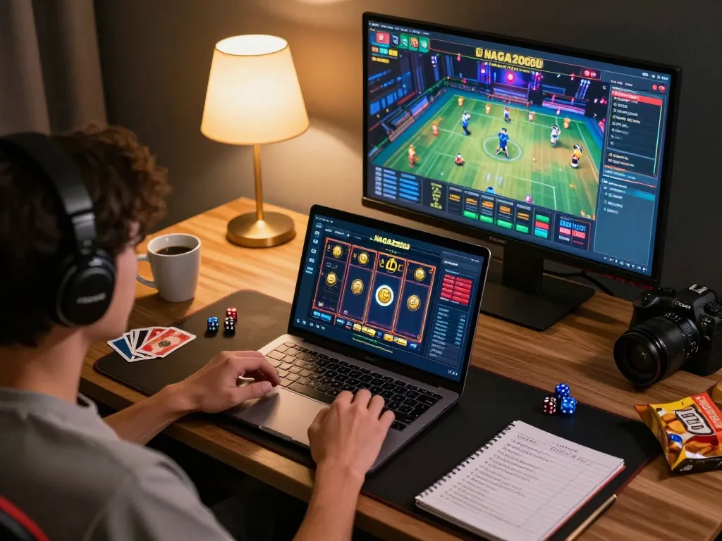 NAGA2000 online gaming session featuring a player on laptop with strategic notes, cozy atmosphere.