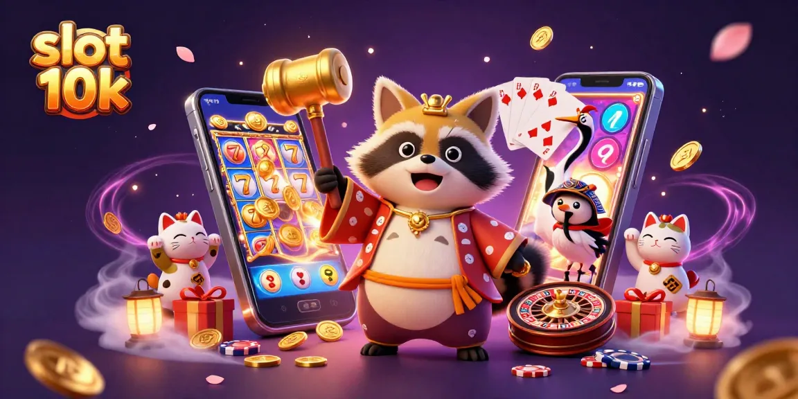 Experience slot 10k action with colorful characters and dynamic casino elements in a vibrant illustration.