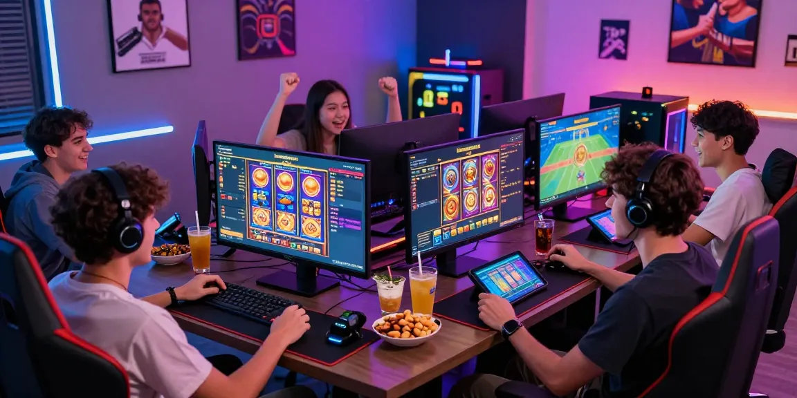Friends enjoying a tambakbet gaming session around a vibrant table with screens and snacks.