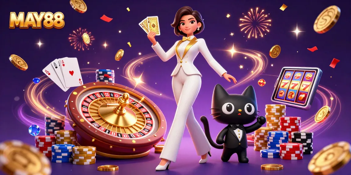 MAY88 offers thrilling gameplay with a glamorous dealer showcasing poker and casino elements in a vibrant 3D scene.