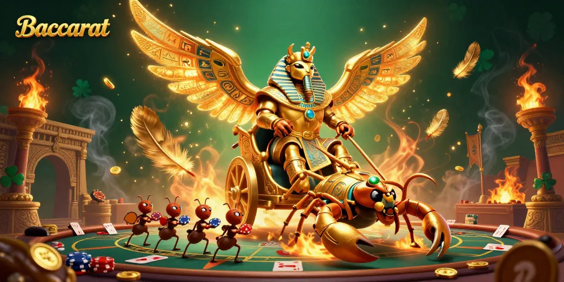 Baccarat game scene featuring a pharaoh beetle character leading a dynamic casino atmosphere with playing cards and golden tokens.
