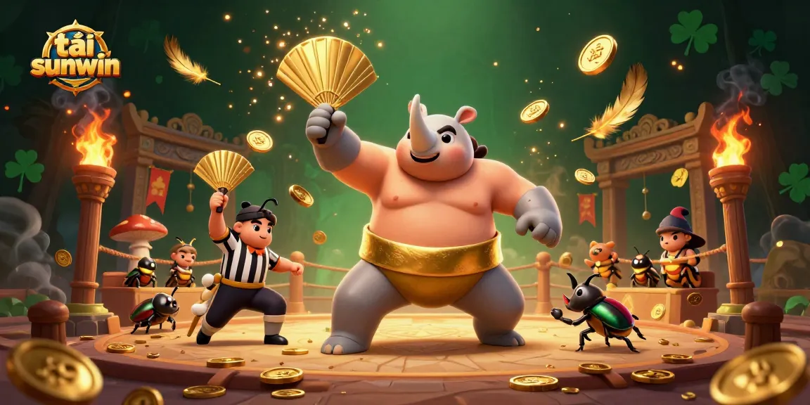 Win with excitement in tải sunwin, featuring a sumo beetle champion amidst coins and vibrant casino elements.