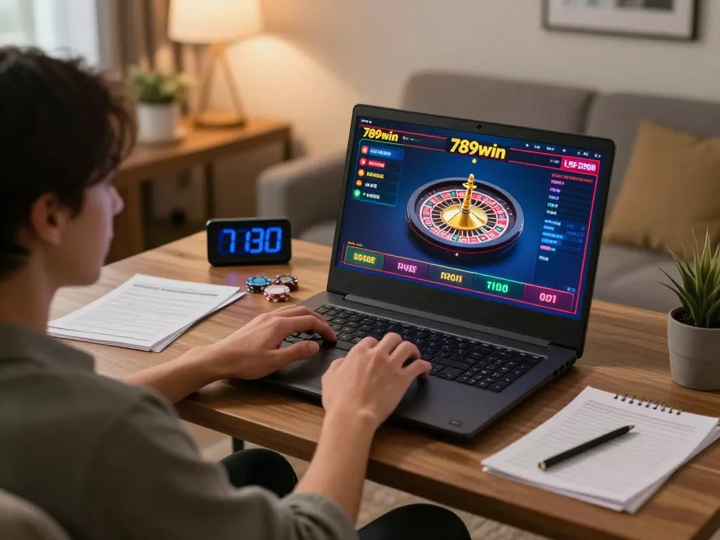 Engaged player enjoying live dealer games on 789win, showcasing strategic gameplay in a cozy home setup