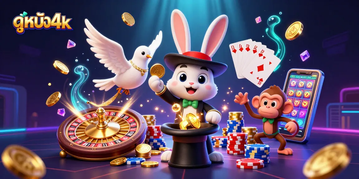 Experience ดูหนัง4k with a playful gambling scene featuring a magician rabbit, vibrant poker chips, and dazzling coins.