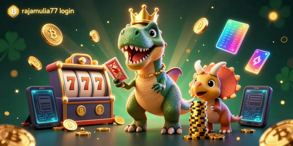 Permainan seru di rajamulia77 login dengan karakter animasi dinosaur yang berinteraksi di meja judi.