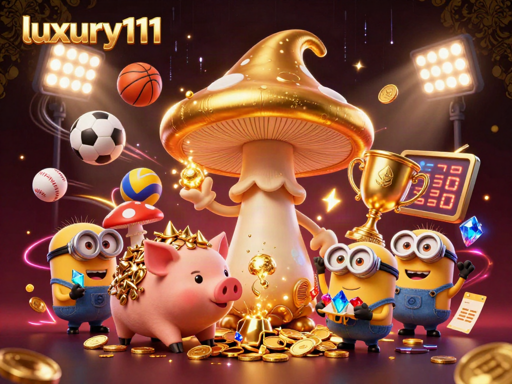 Experience luxury111 with a vibrant 3D casino extravaganza featuring golden characters and dynamic sports elements.