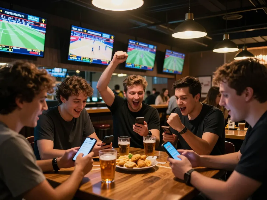 Exciting sports betting scene at https://88bet.zone/ with friends analyzing live odds, vibrant atmosphere.
