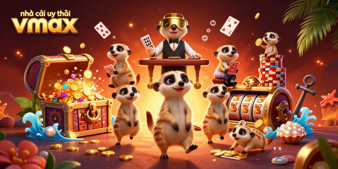 Engage in thrilling gaming action at nhà cái uy tín Vmax with colorful meerkats operating a vibrant casino scene.