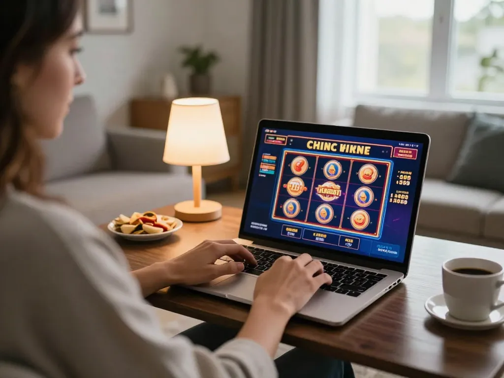 Engaging in thrilling online gambling at home with a laptop, featuring tr88 slot machine interface in a cozy setup.
