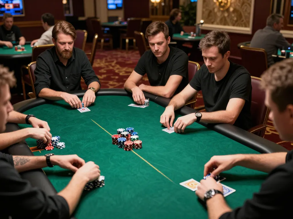 Players in intense poker game at upscale casino with 388bet branding and chips stacked high.