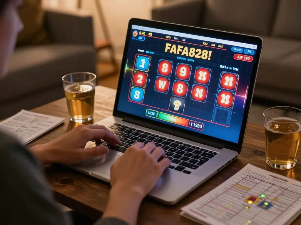 FAFA828 player enjoying engaging slot game on laptop in cozy room.