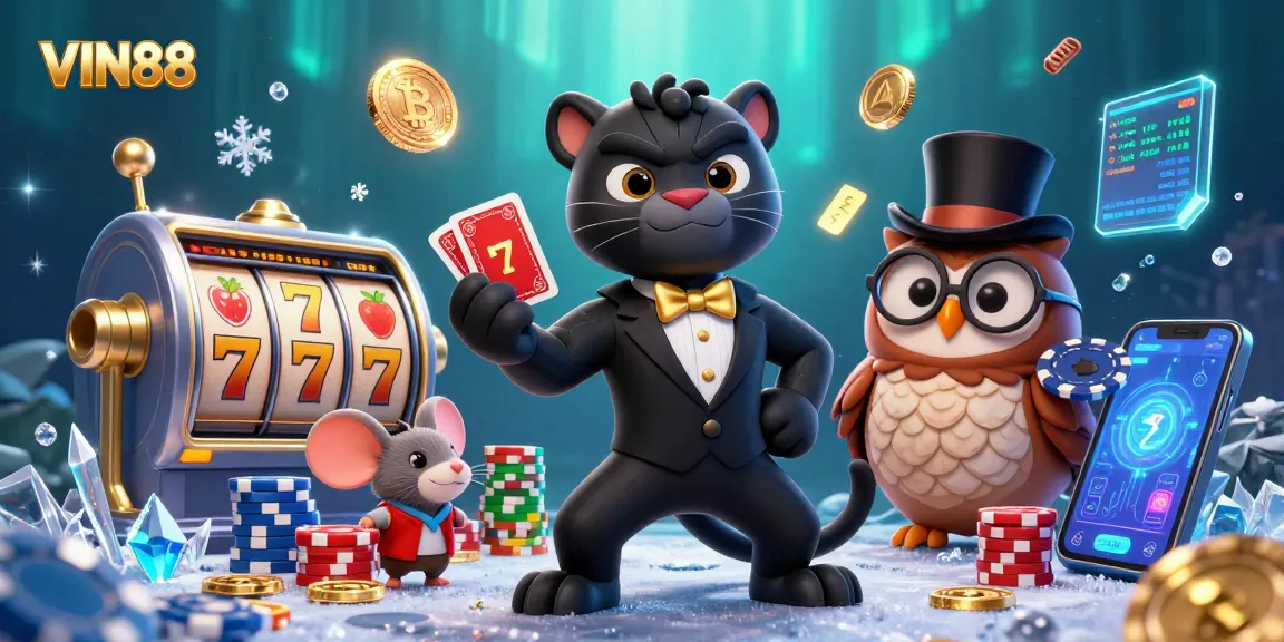 Engage with VIN88 through vibrant slot games and whimsical characters in this dazzling illustration.