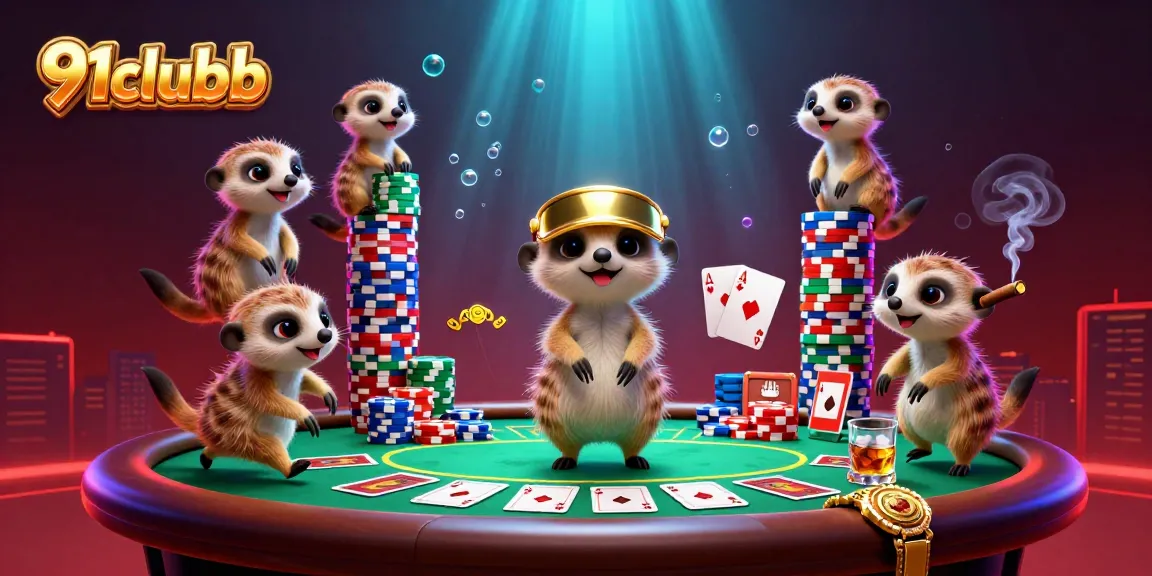 Join the fun at 91clubb with a vibrant illustration of meerkats in a dynamic casino scene.