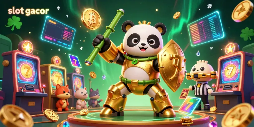 Visualisasi slot gacor dengan panda emas dan elemen kasino yang menarik, memperlihatkan suasana permainan yang energik.