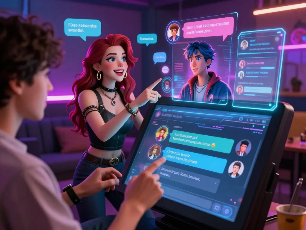 Engaging ai chat nsfw session in a digital lounge with vibrant character interaction.