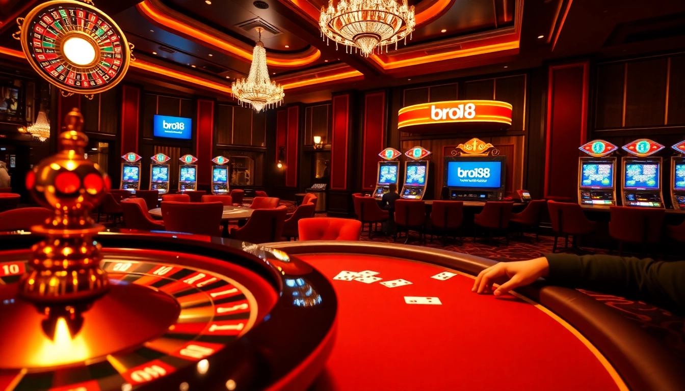 Experience bro138's premium slot gaming atmosphere, featuring poker tables and vibrant neon lights.