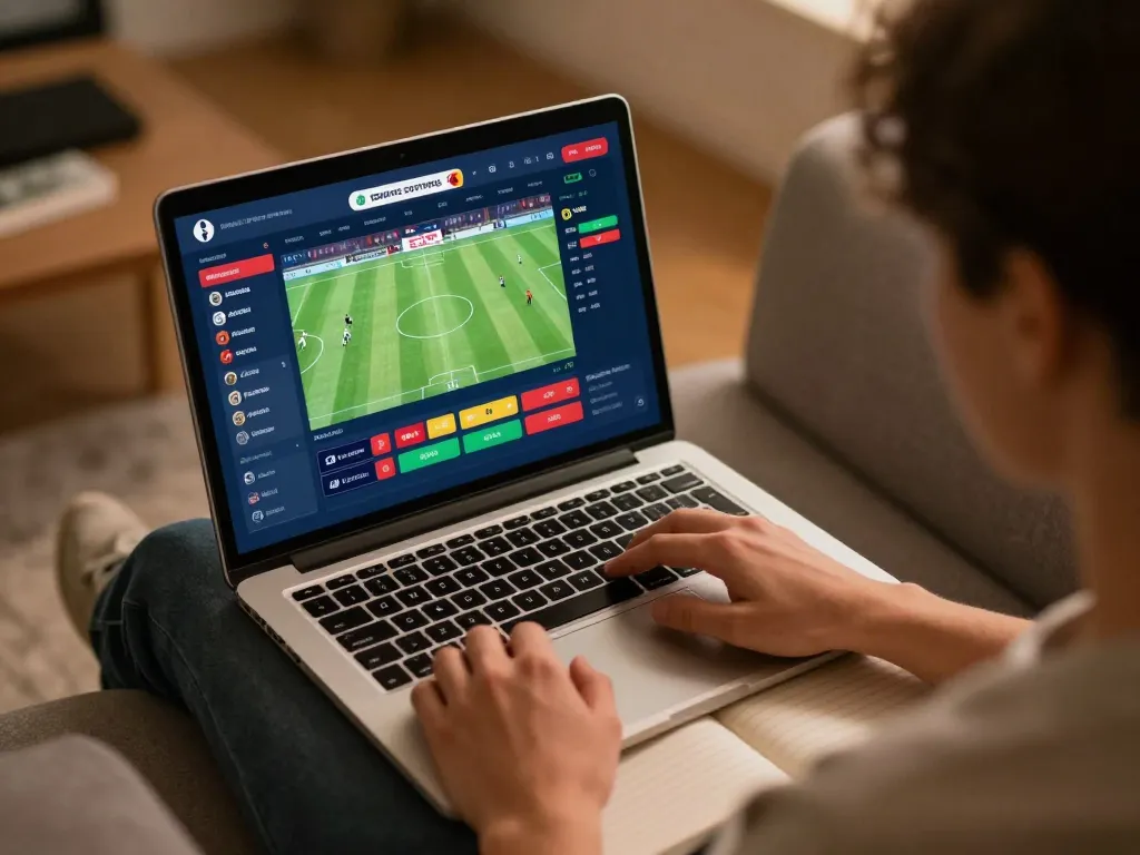 Tỷ lệ bóng đá kèo nhà cái depicted on a modern laptop screen as a person analyzes betting strategies.