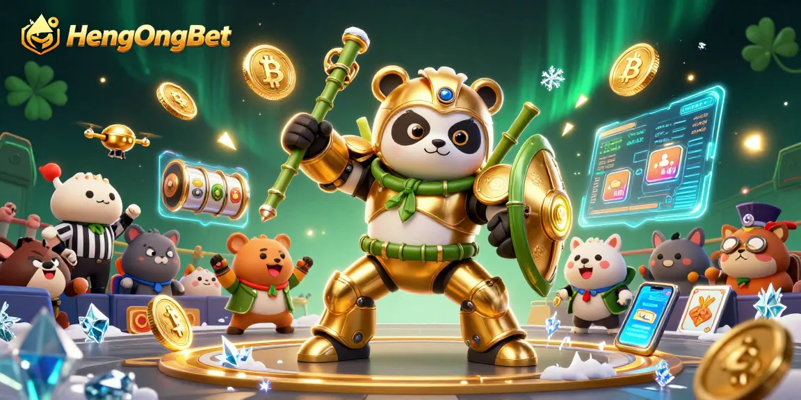 Engage with HengOngBet in a vibrant 3D gaming arena featuring a golden panda and blockchain elements.