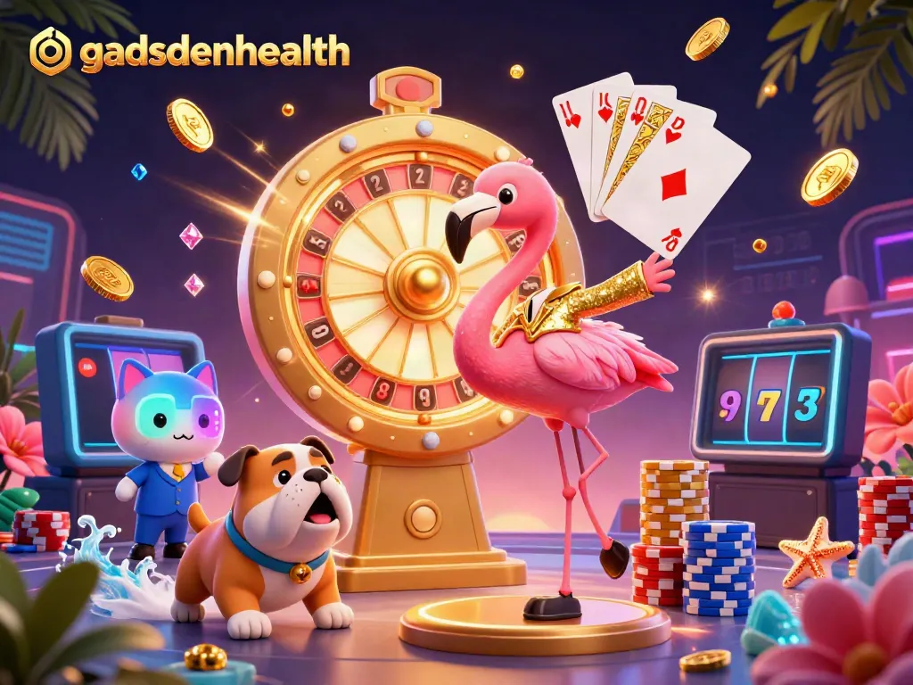 Gadsdenhealth menghadirkan suasana kasino penuh keseruan dengan host, anjing, dan kucing dalam ilustrasi 3D.
