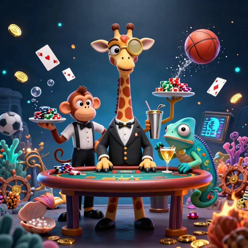 Giraffe, monkey valet and chameleon bartender amid gold coins, coral, balls and casino glow