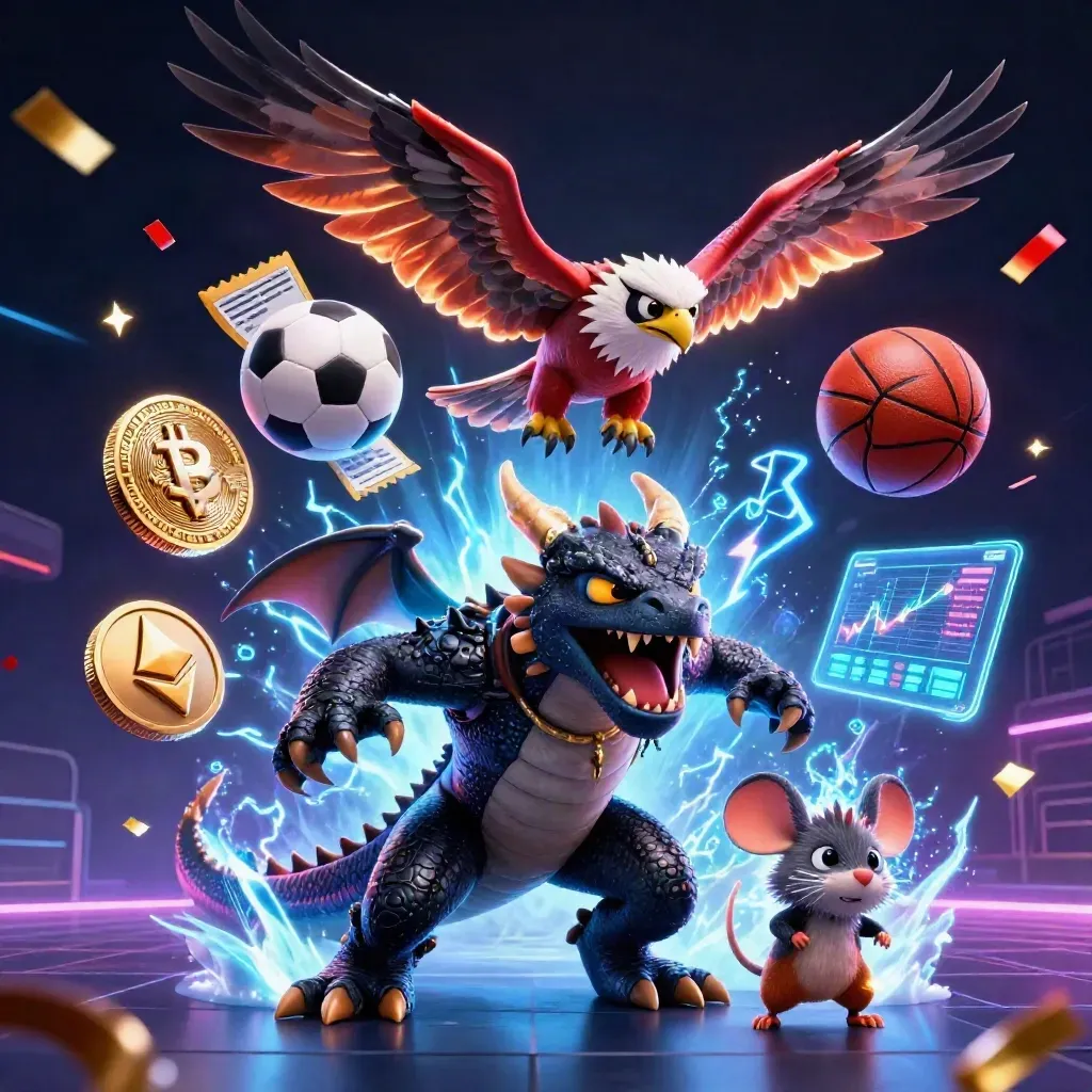 Thunder dragon, hawk and mouse amid flying coins, balls and neon casino effects on a dark grid.