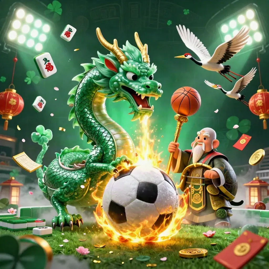 Jade dragon, turtle sage and cranes burst around a soccer ball, gold fire and casino icons.