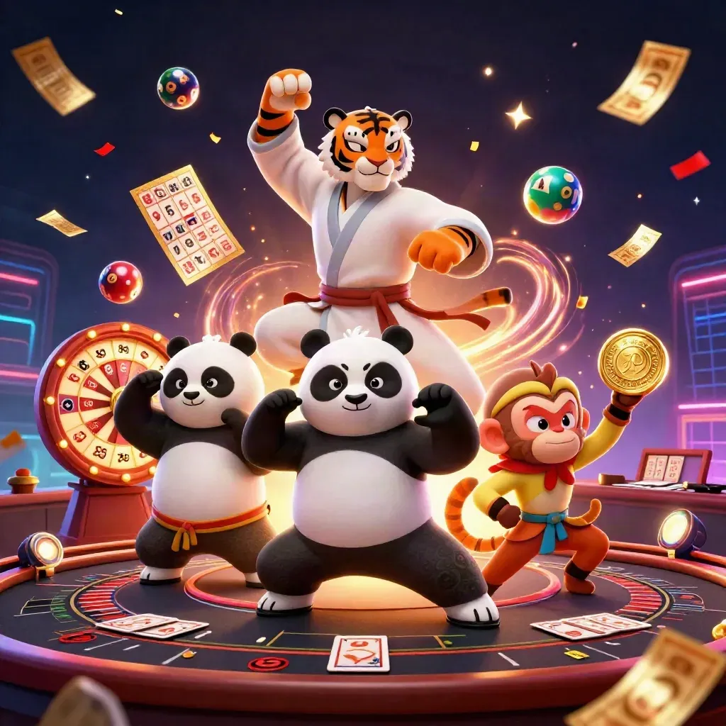 Tiger, panda, and monkey heroes amid casino game bursts and glowing gold effects.