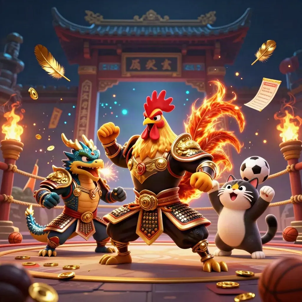 Rooster samurai, dragon hatchling and fortune cat amid casino ring, sparks and coins