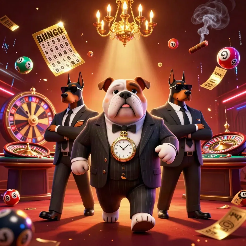 Bulldog mob boss with two Dobermans amid casino lights, balls, wheel, and gold confetti