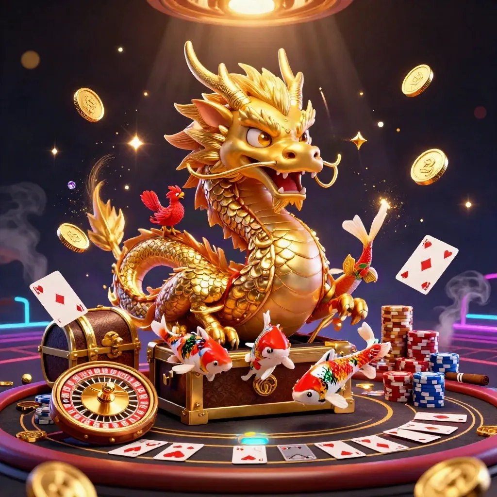 Golden dragon, phoenix, koi, coins, gems, roulette and casino glow in a luxe dark scene