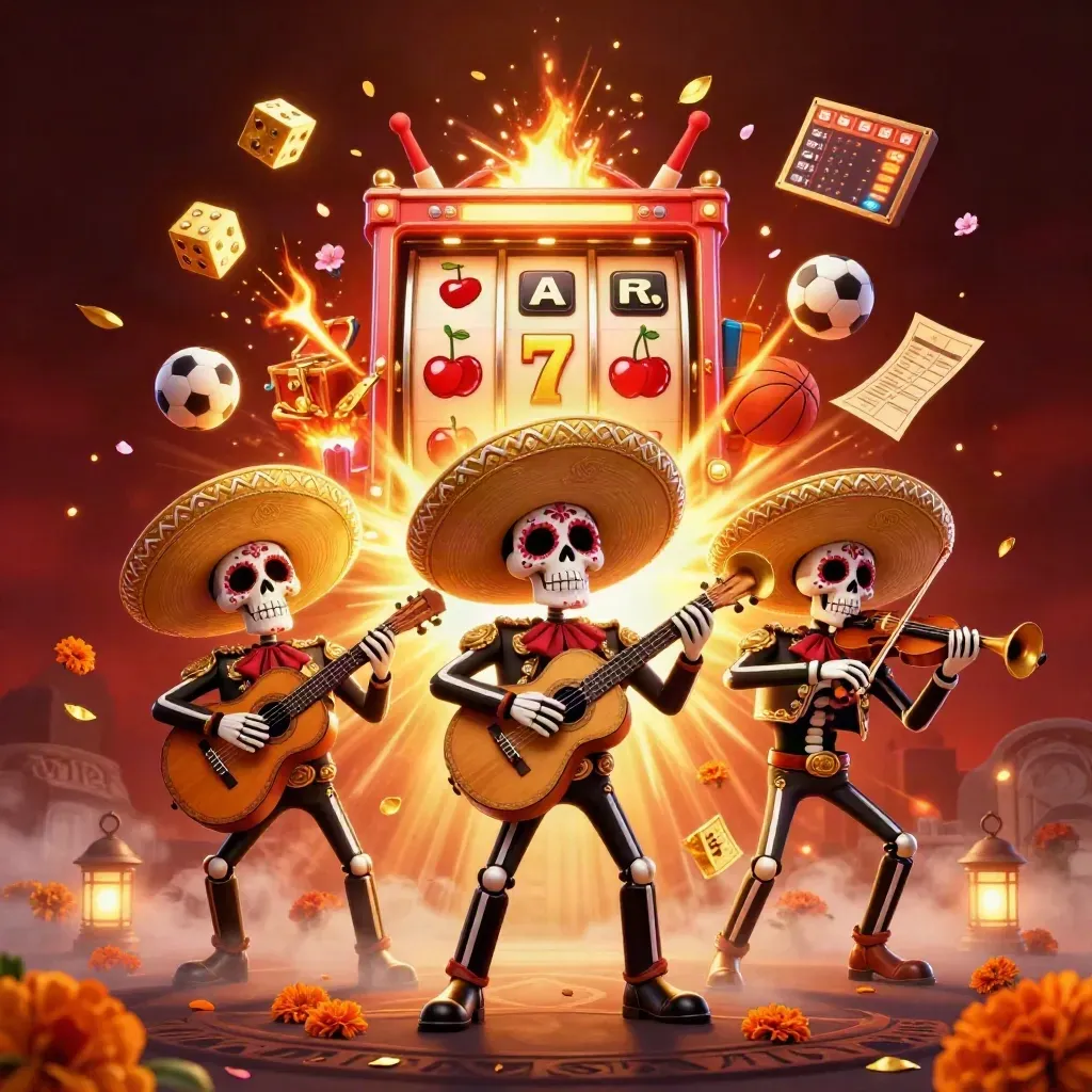 Skeleton mariachi trio amid a bursting slot machine, gold dice, petals, and casino glow.