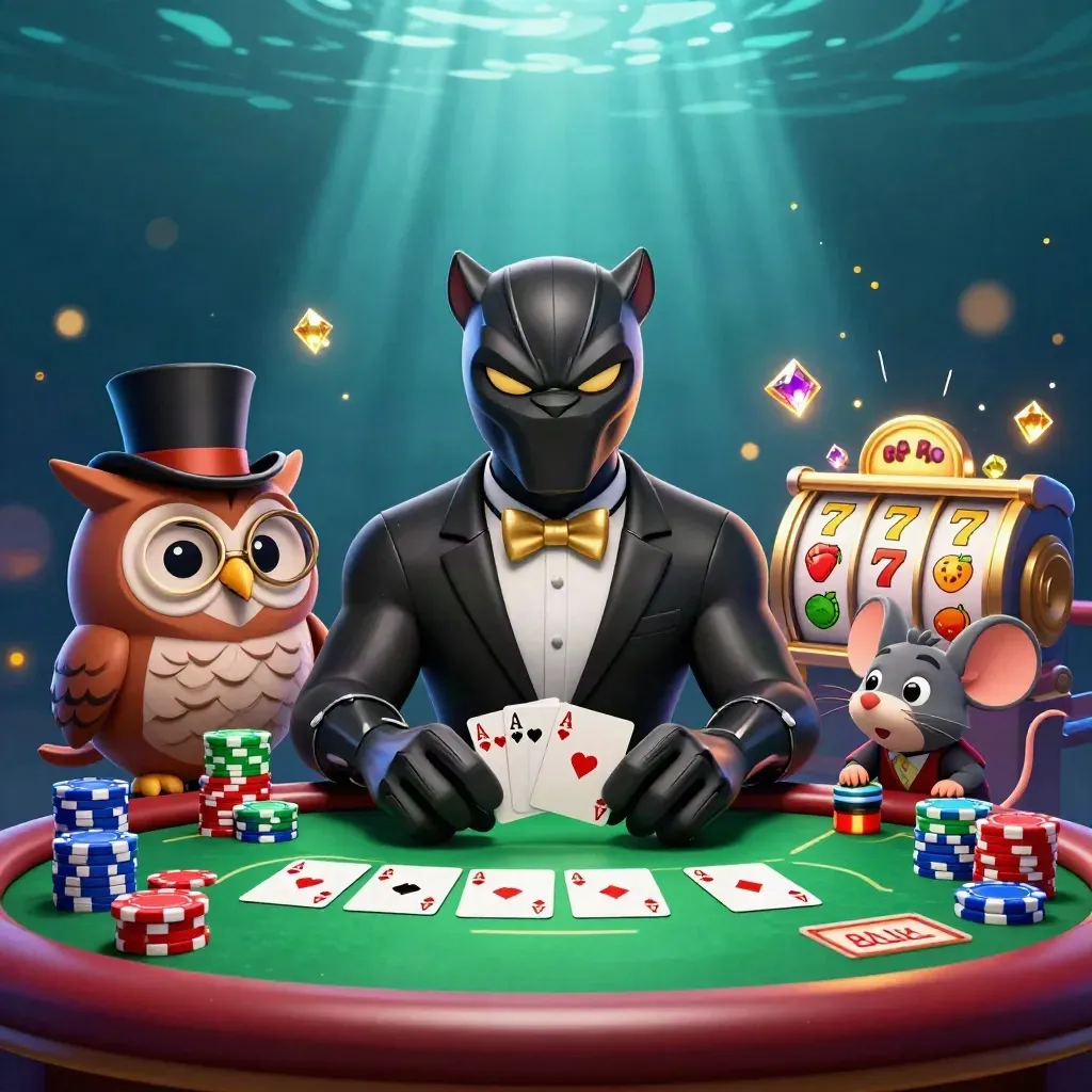 Panther, owl, and mouse deal cards amid chips, aces, and glowing casino treasure underwater.
