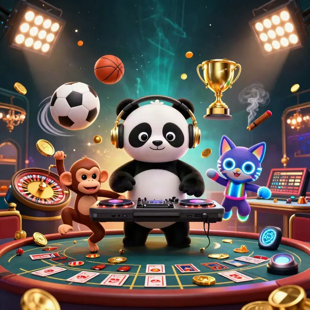 DJ panda, breakdancing monkey, and glow-stick kitten amid casino lights and gold coins