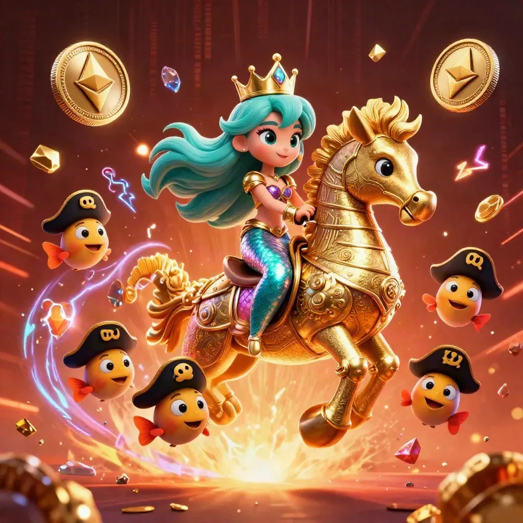 Turquoise-haired mermaid princess on a gold seahorse with neon coins and casino magic