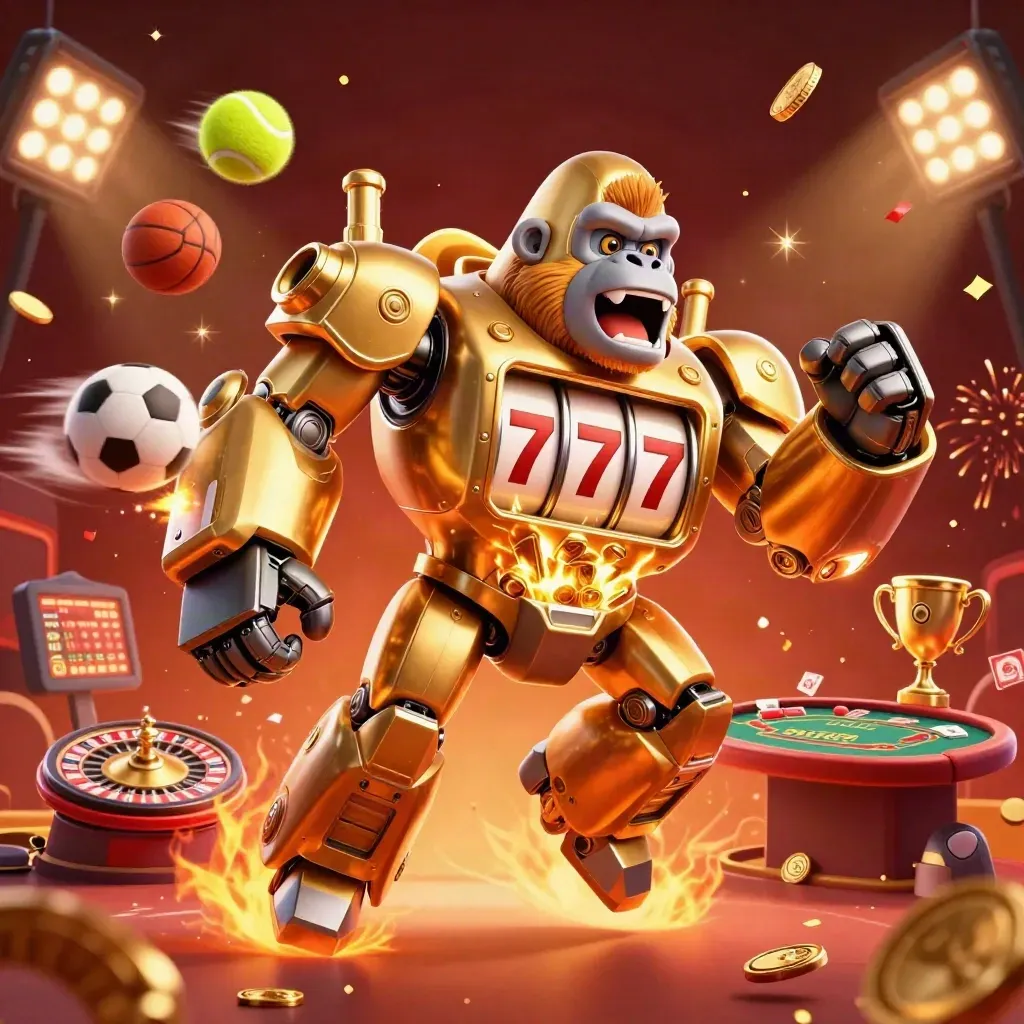 Golden gorilla mech with tiny monkey pilot, casino props, coins, fireworks, crimson glow