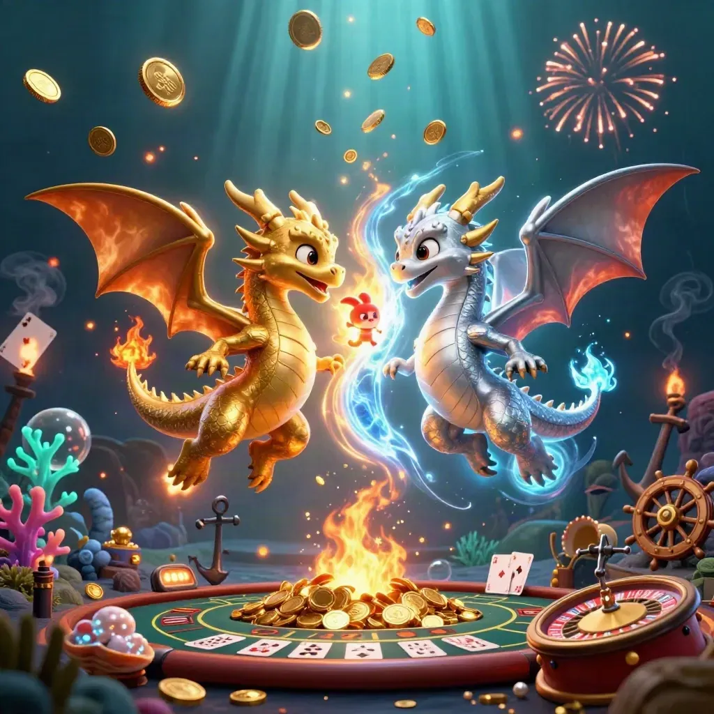 Gold and silver dragons swirl over a treasure cove with coins, cards, roulette, and glowing loot.