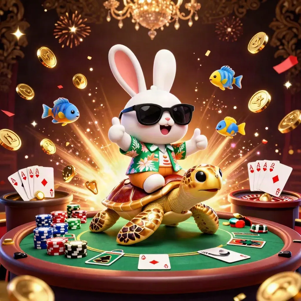 Lucky rabbit rides a jeweled turtle amid casino riches, coins, chips, fireworks, and glowing cards.