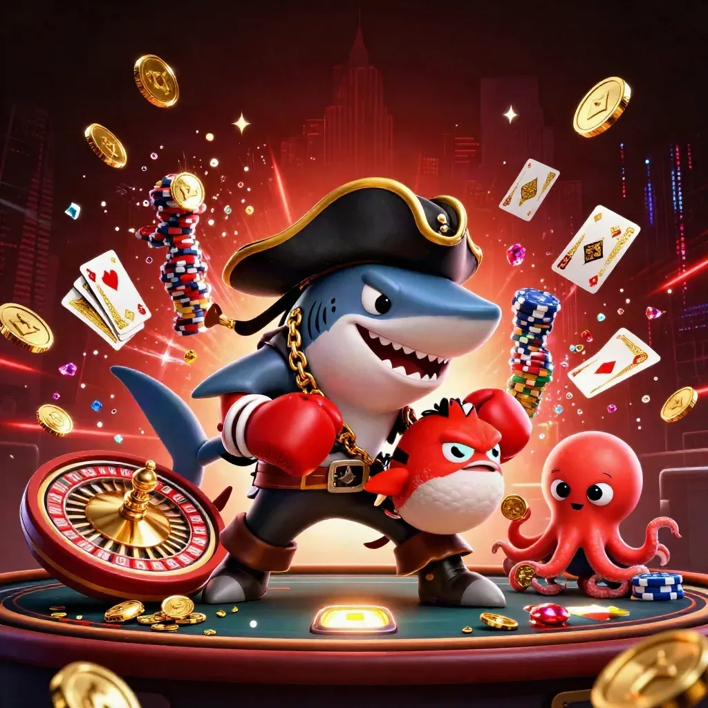 Cartoon shark pirate, boxing pufferfish, and juggling octopus amid casino coins, roulette, chips, and neon glam.