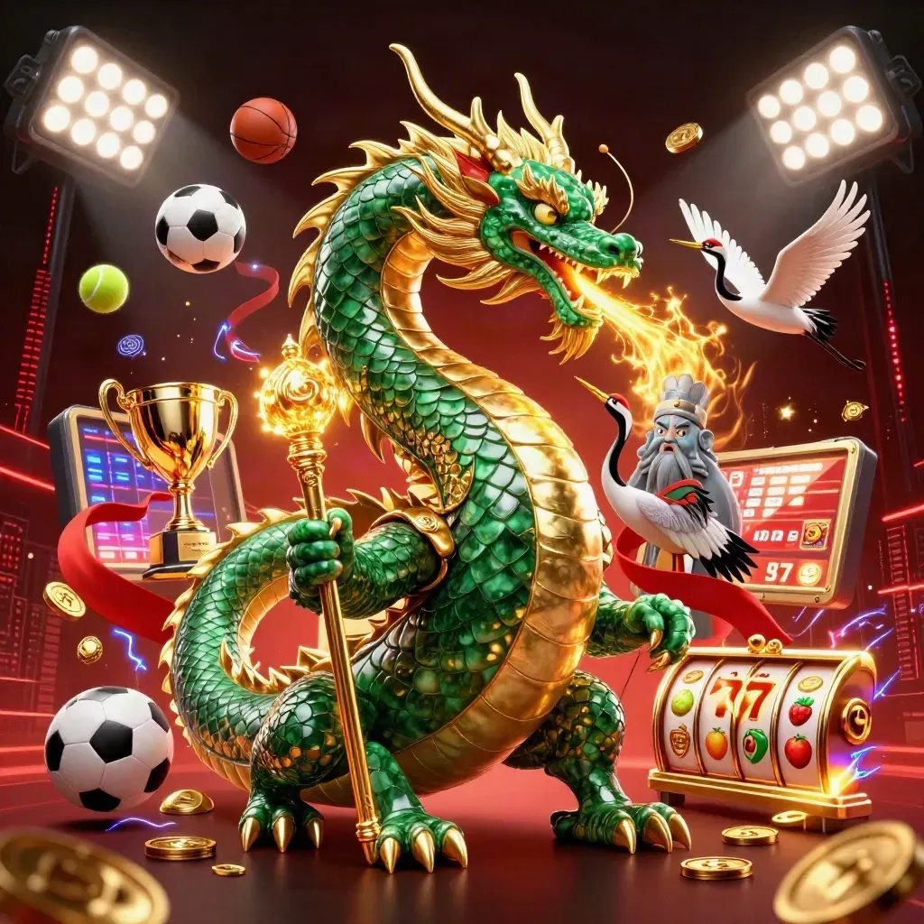 Emerald dragon, turtle sage and cranes amid gold fire, coins, sports balls and casino glow