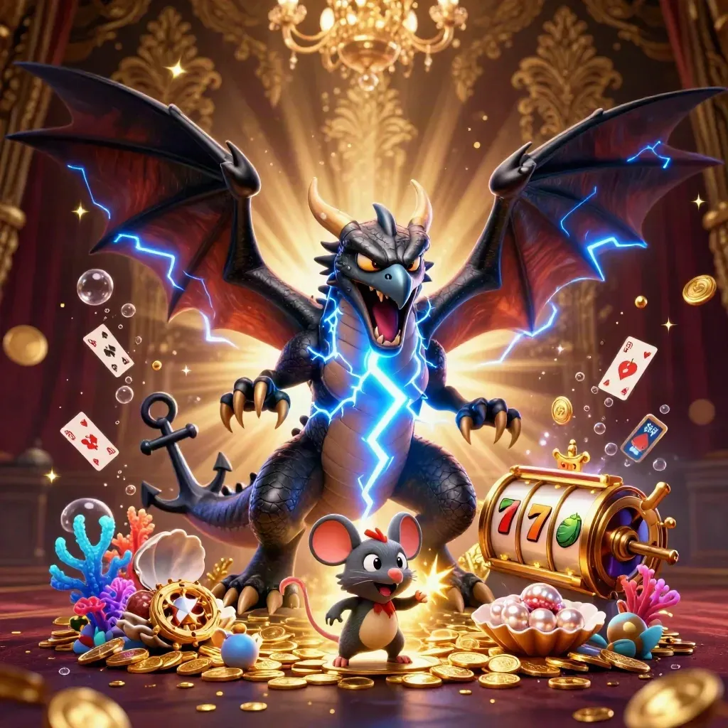 Thunder dragon, wind hawk, and static mouse amid casino treasure, cards, reels, and gold light.
