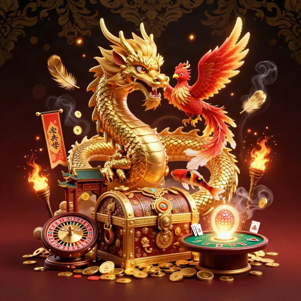 Golden dragon with phoenix and koi amid casino treasures, roulette, cards, and torchlight.