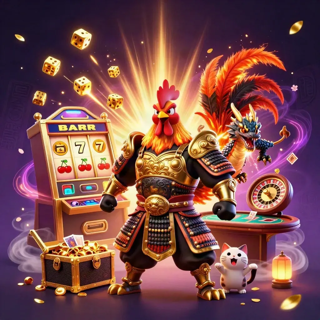 Rooster samurai, dragon hatchling, and lucky cat amid casino symbols and gold sparks.