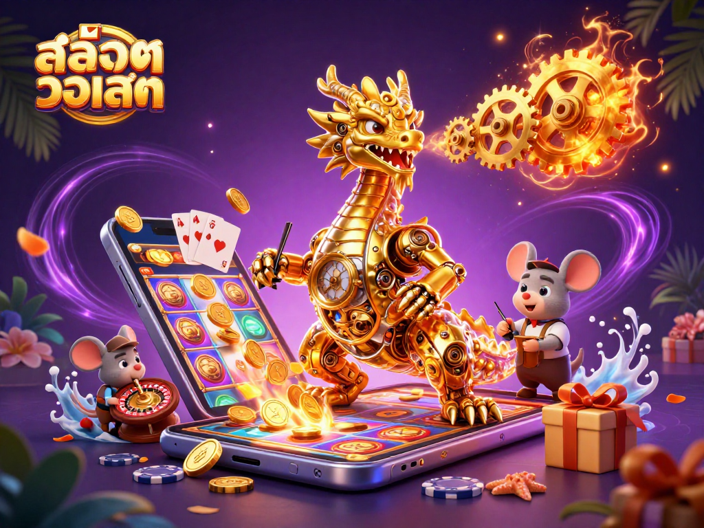 Experience the exhilarating world of สล็อตวอเลท with a golden dragon amidst vibrant casino elements.
